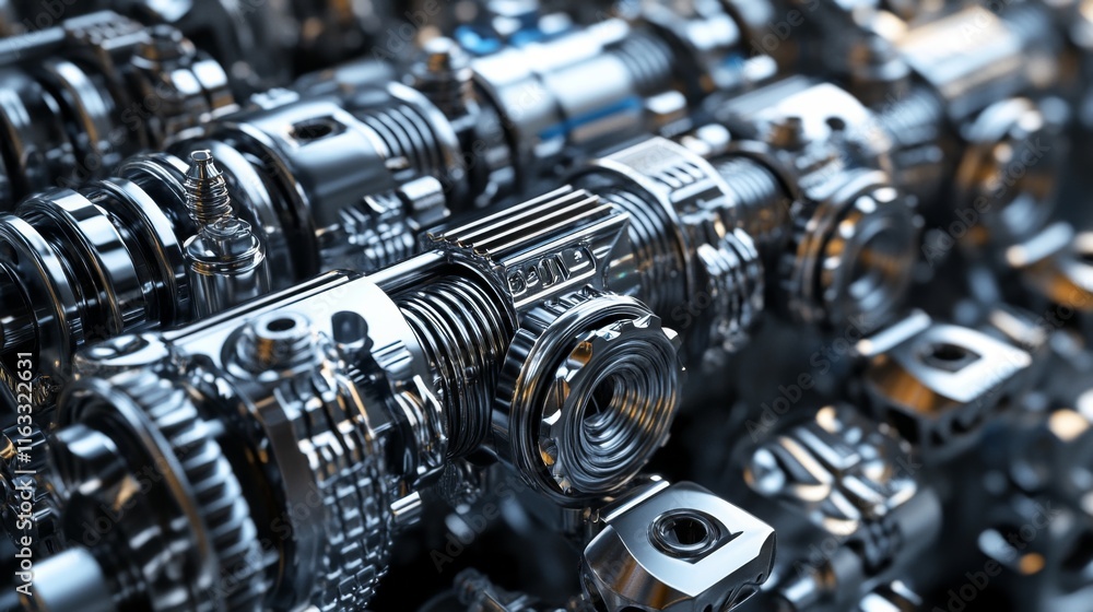 Poster close-up view of shiny metallic engine components showcasing intricate details and precision enginee