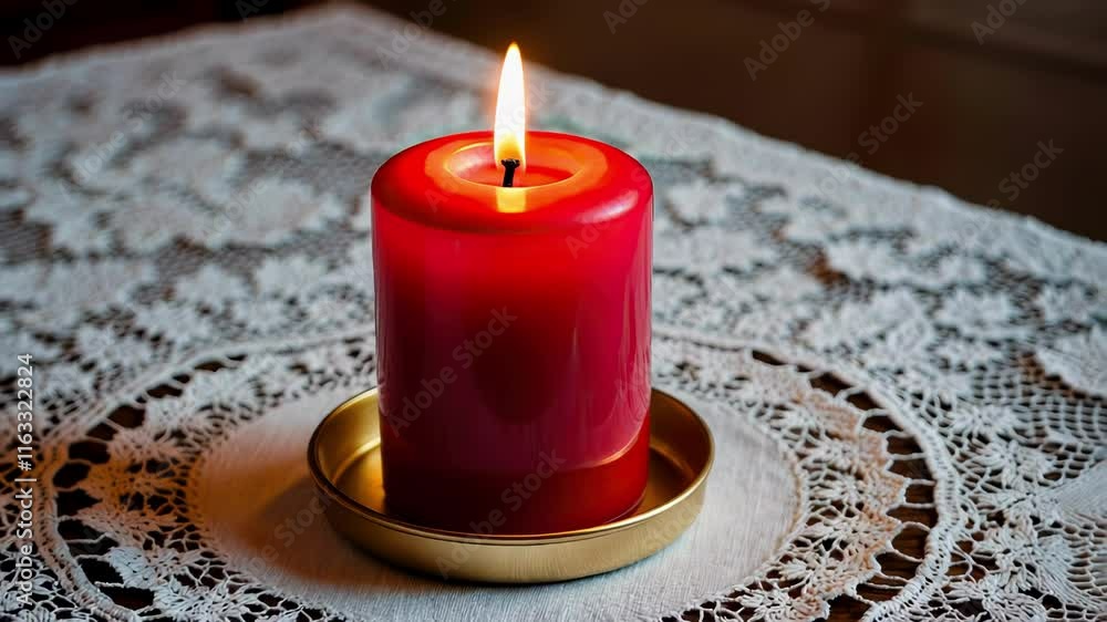 Poster a close up of a red candle on a lace tablecloth, emphasizing warmth and tranquility in an intimate s