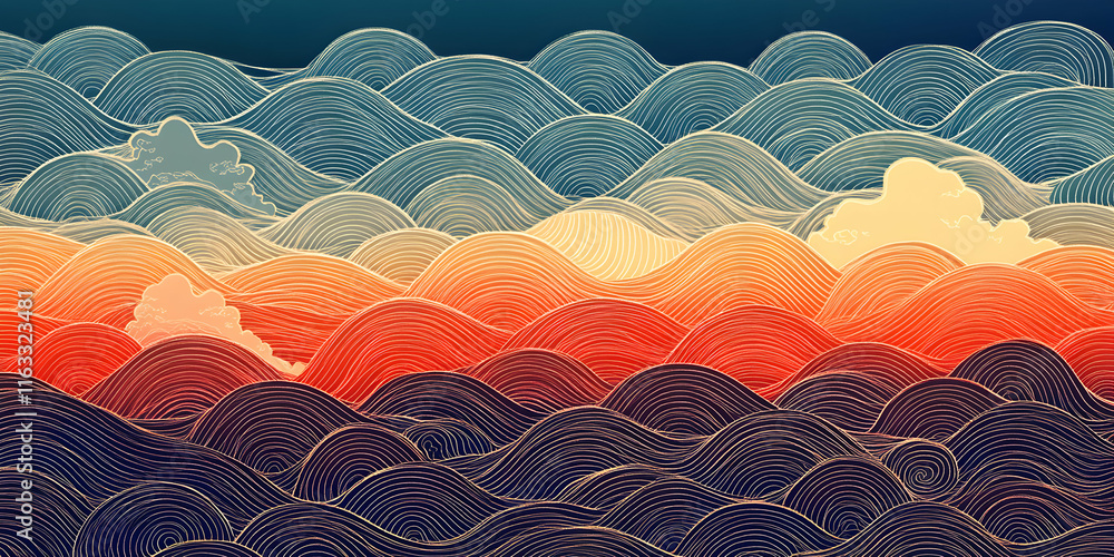 Aufkleber abstract waves: an abstract illustration of waves in blue, orange, and purple hues, creating a dynam