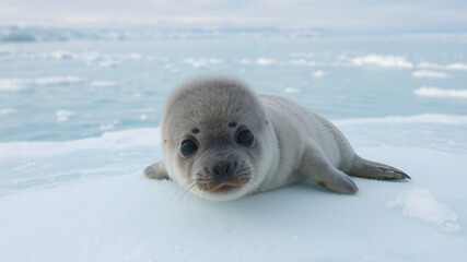 A baby seal lying on an icy surface, with shimmering turquoise water and an arctic sky in the background