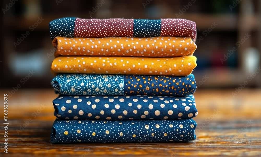 Poster stack of colorful fabrics with dots and floral patterns