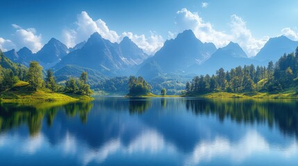 Fototapeta premium A serene mountain landscape reflecting in a calm lake under a clear blue sky.