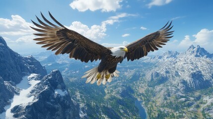 Fototapeta premium A bald eagle soaring high in the sky, its wings spread wide and talons visible, with a dramatic mountain range below and clear blue skies above