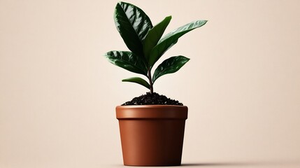 Fototapeta premium A Young Plant in a Brown Pot Against a Beige Background