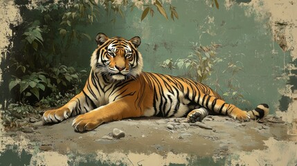 Fototapeta premium A Bengal tiger resting on a riverbank, surrounded by pebbles and foliage, painted on a distressed paper background with muted green and gray tones