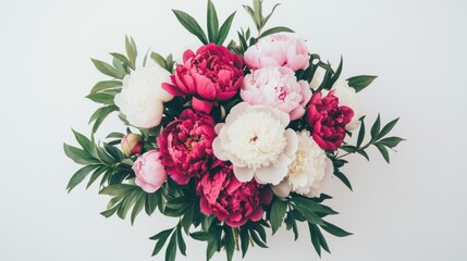 A bouquet of pink, red, and white peonies with lush green leaves, arranged on a white background in a classic vintage botanical style