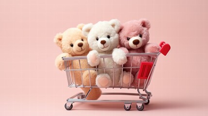 Adorable Cute Cozy Soft Plush Toy Bears with Sweet Expressions in a Shopping Cart Against a Soft Pink Background