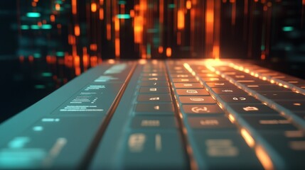 A close-up view of a white keyboard with trading terms engraved on the keys, surrounded by floating stock market indicators and glowing financial data.