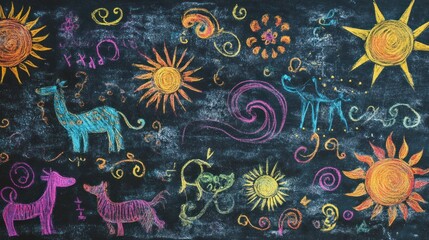 A creative mix of chalk doodles, including whimsical animals, swirling patterns, and cheerful suns, drawn on a textured background with vibrant charcoal colors
