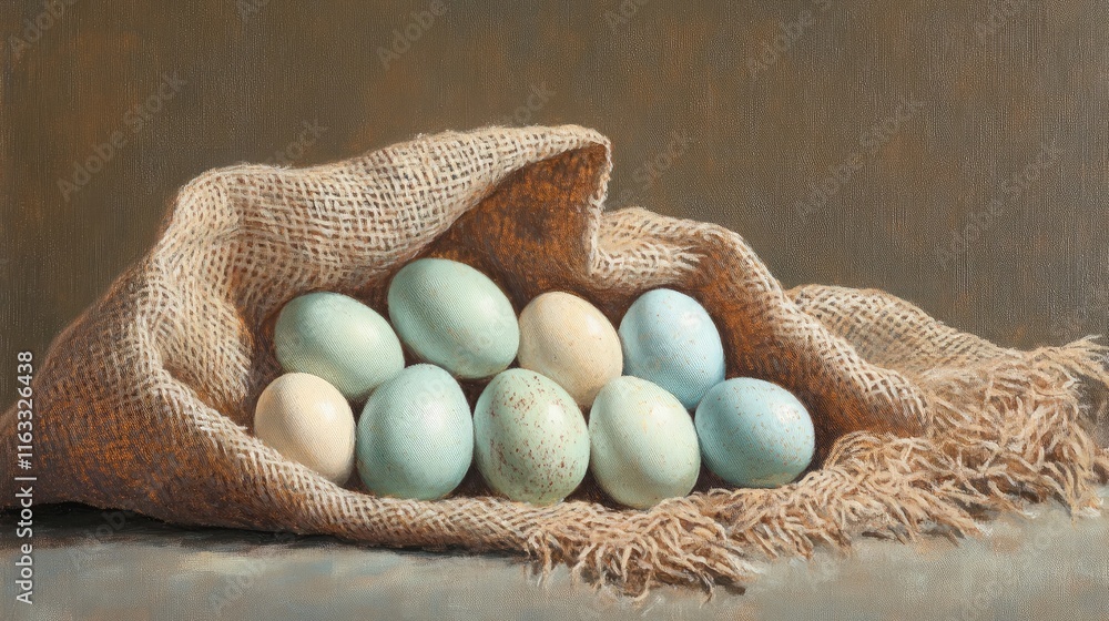 Poster freshly collected eggs in muted colors spread out on a textured burlap cloth, evoking a rustic and n
