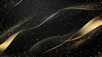 A deep black background with scattered golden speckles resembling stardust, accented by elegant curved gold lines framing the design