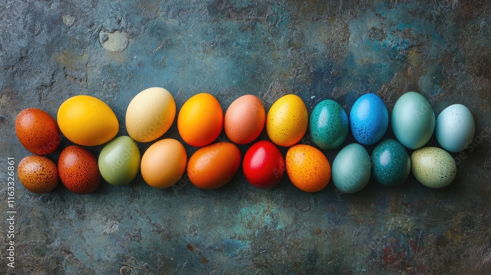 Poster a vibrant array of colorful eggs displayed on a textured surface for creative easter, spring, and fe