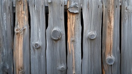 Obraz premium Weathered gray wooden fence planks with knots. Perfect for rustic, vintage, or nature themed designs.