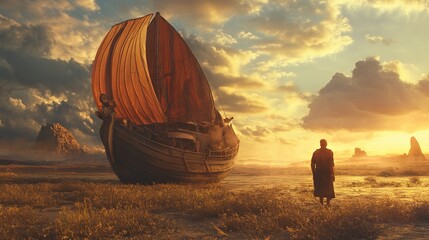 Sunset Voyage: A lone traveler watches an ancient ship at sunset