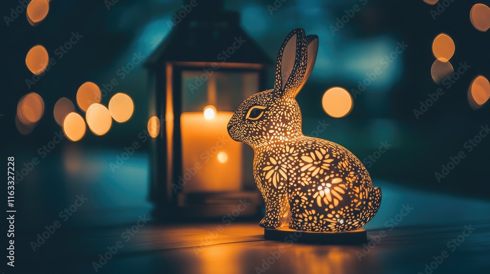 Poster decorative ceramic rabbit lamp glowing softly beside vintage lantern with candlelight, creating a wa