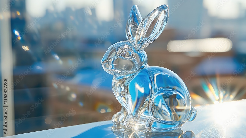 Aufkleber stunning crystal rabbit figurine sitting on a reflective surface with bright sunlight creating spark