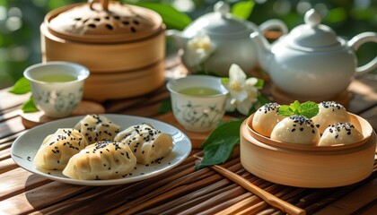 Freshly Steamed Dumplings and Tea Set with Jasmine Tea on a Rustic Table
