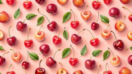 A vibrant, repeating pattern of ripe cherries and plums arranged on a soft pink background
