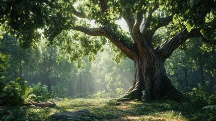 A giant fig tree with a sprawling trunk and dense, dark green foliage, standing alone in a sunlit forest clearing with detailed bark textures
