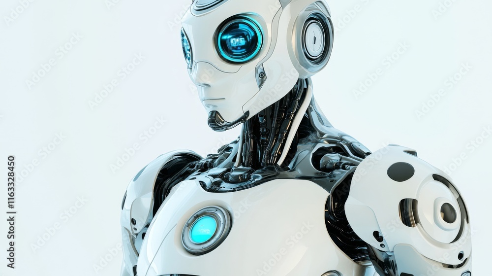 Poster futuristic humanoid robot with sleek design and blue glowing elements, showcasing advanced technolog