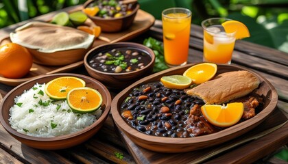 Colorful Brazilian Feijoada Picnic with Vibrant Sides and Refreshing Drinks in Natural Setting