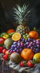 Vibrant Assortment of Fresh Fruits on Rustic Wooden Table - Highlighting Natural Textures and Colors for a Healthy and Appetizing Presentation