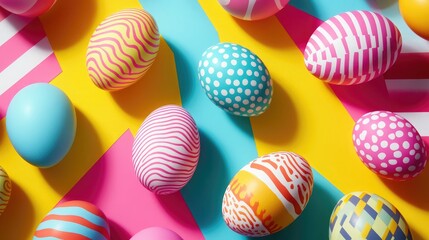 Colorful Easter Eggs on Vibrant Background with Geometric Patterns and Bright Colors, Perfect for Spring Celebrations and Holiday Decorations