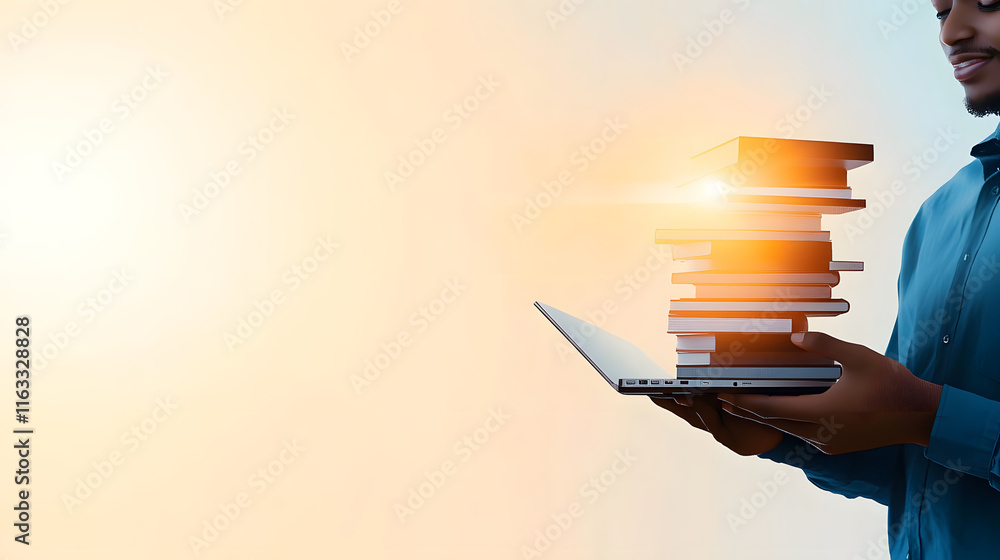 Poster a person holds a laptop while surrounded by stacked books against a soft background
