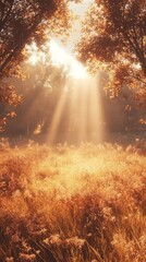 Sunbeams pierce through autumn trees illuminating a misty field of tall grass.