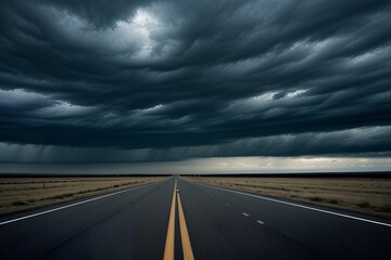 Fototapeta premium A dramatic winding road stretching toward a brewing storm under dark, brooding clouds, creating a powerful natural spectacle.