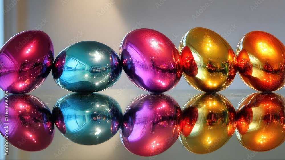 Aufkleber colorful metallic eggs reflecting on surface in modern setting with soft lighting and abstract backg