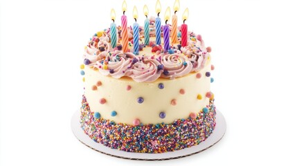 A vibrant birthday cake topped with colorful lit candles, adorned with sprinkles and frosting swirls, isolated on a white background