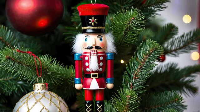 A festive Christmas scene featuring a nutcracker ornament on a tree, evoking holiday joy and tradition through vibrant colors