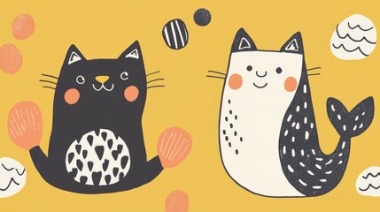 Two playful cartoon animals, a cat and a mer-cat, against a cheerful yellow background.
