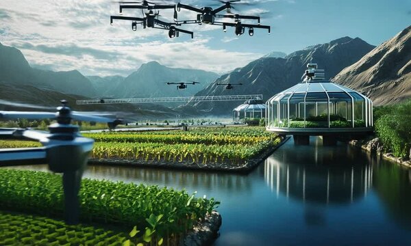 A futuristic landscape featuring drones and greenhouses in a serene agricultural setting.