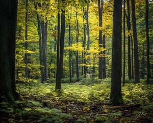 Fototapeta premium Golden Autumn Forest Sunlight, Fall Woods, Nature Scenery