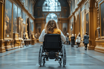 Person with a mobility aid exploring a museum, enjoying cultural experiences