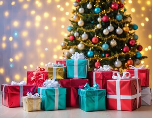 Fototapeta premium A Christmas tree with colorful lights and presents underneath