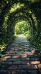 Sunlit stone path through lush green archway.
