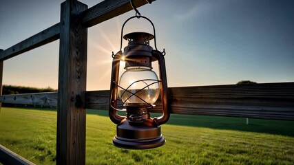 A rustic lantern glows softly against a sunset backdrop, highlighting tranquility and natural beauty in an outdoor setting