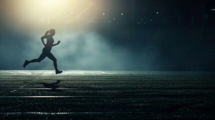 Naklejka premium Night Runner: Silhouette of a Female Athlete Running on a Track Under Dramatic Lighting