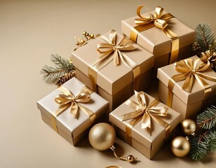 A pile of Christmas gift boxes with gold ribbon and ornaments on a khaki background