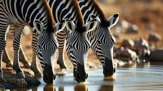 Three zebras drink from a water source in a serene savanna setting, highlighting wildlife behavior in natural habitat