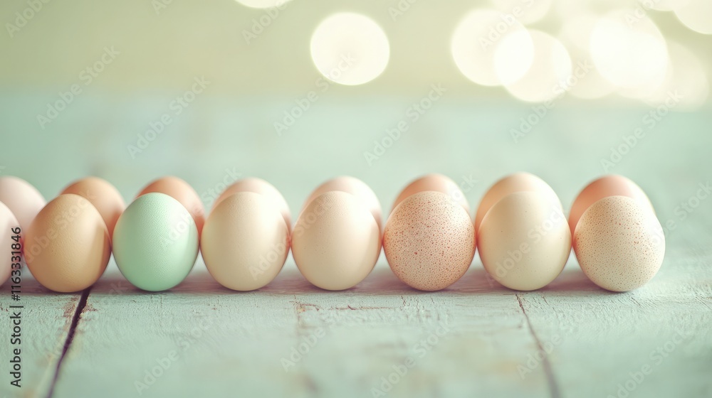 Poster colorful variety of eggs displayed in a neat row on a rustic wooden surface with soft bokeh backgrou
