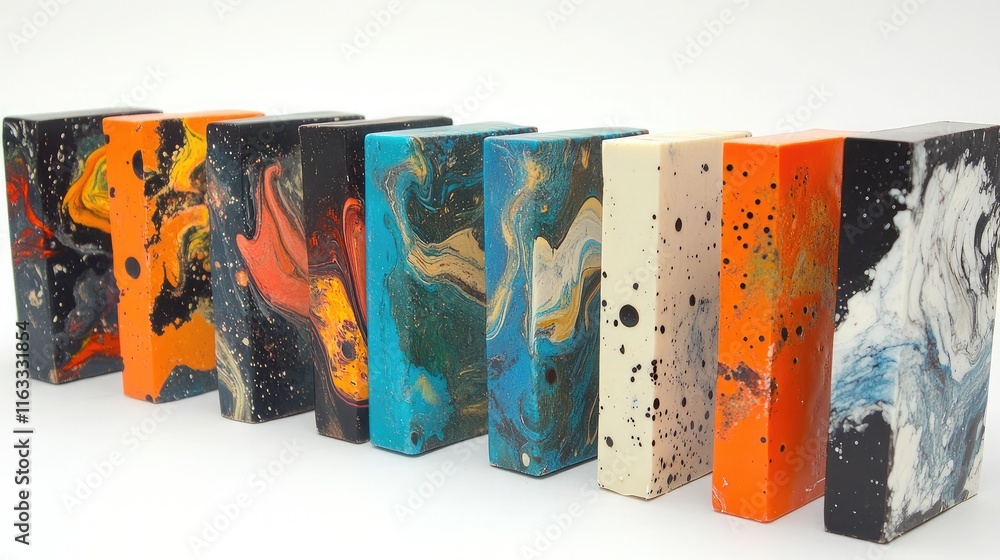 Poster colorful resin art blocks in various vibrant patterns and textures, showcasing artistic techniques a