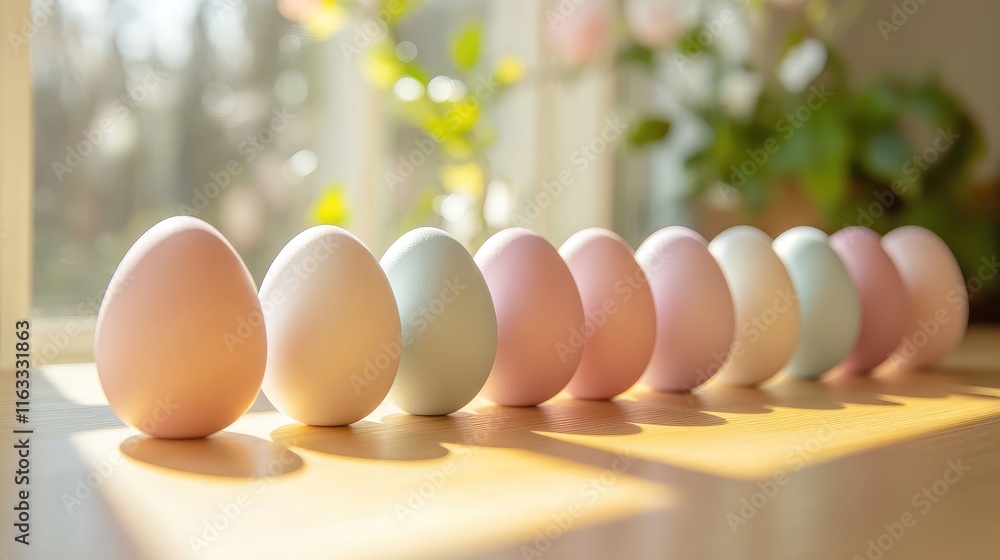 Aufkleber a row of pastel colored decorative eggs arranged on a wooden table by a sunlit window with blurred p