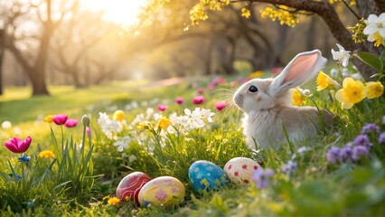 A cute rabbit nestled beside colorful Easter eggs in a vibrant meadow filled with flowers and sunshine