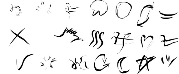 Sketch underline, emphasis, arrow shape set. Hand drawn brush stroke, highlight, speech bubble, underline, sparkle element. Vector illustration