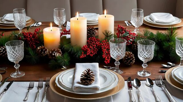 A beautifully set festive dining table with candles and pinecones, evoking a cozy holiday atmosphere for seasonal gatherings
