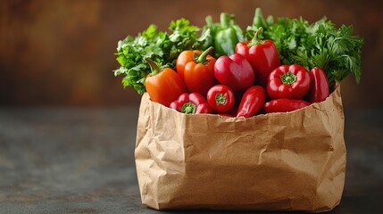 Full paper bag with food. Flat lay. A filled paper bag with a variety of different healthy foods. on a white background.